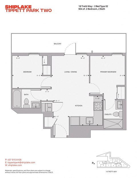 Floor plan for 2 beds, 2 baths, 604 sqft